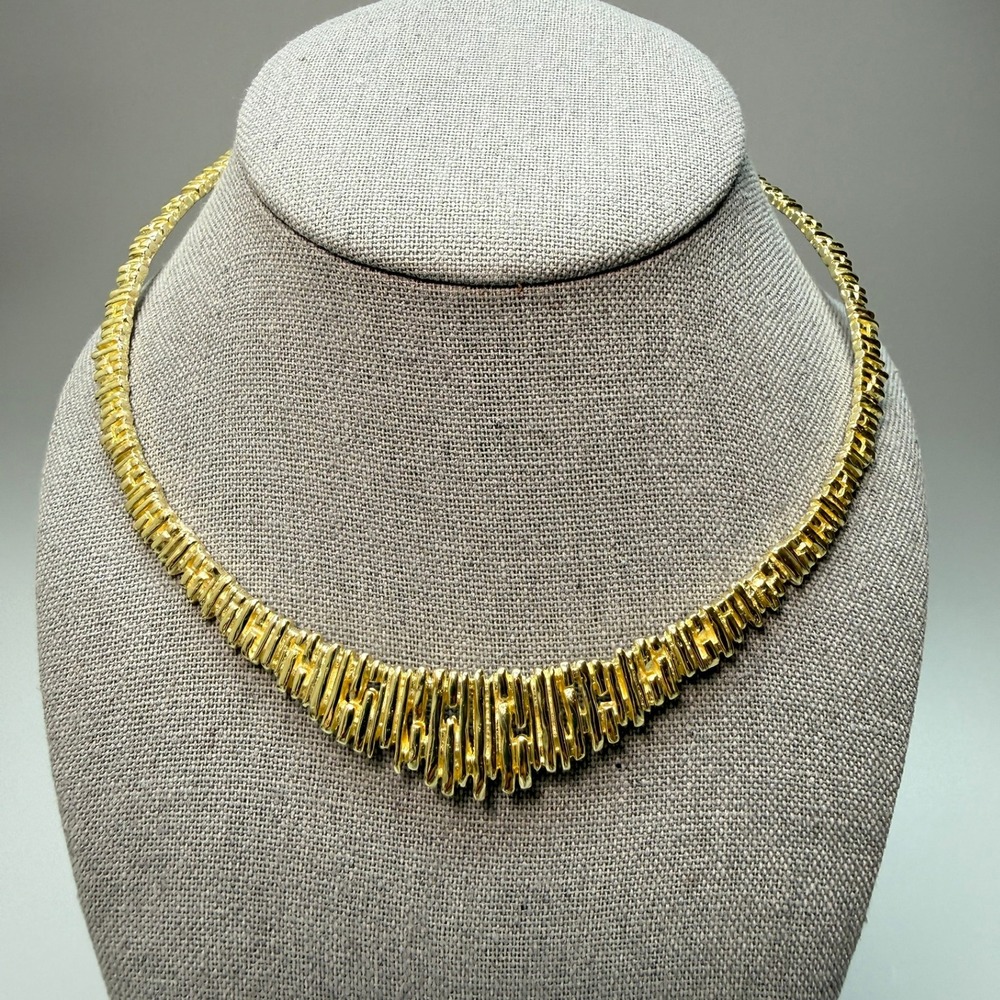 Gold Tone Collar Necklace 15" Textured Brutalist‎ Bars Statement Chic